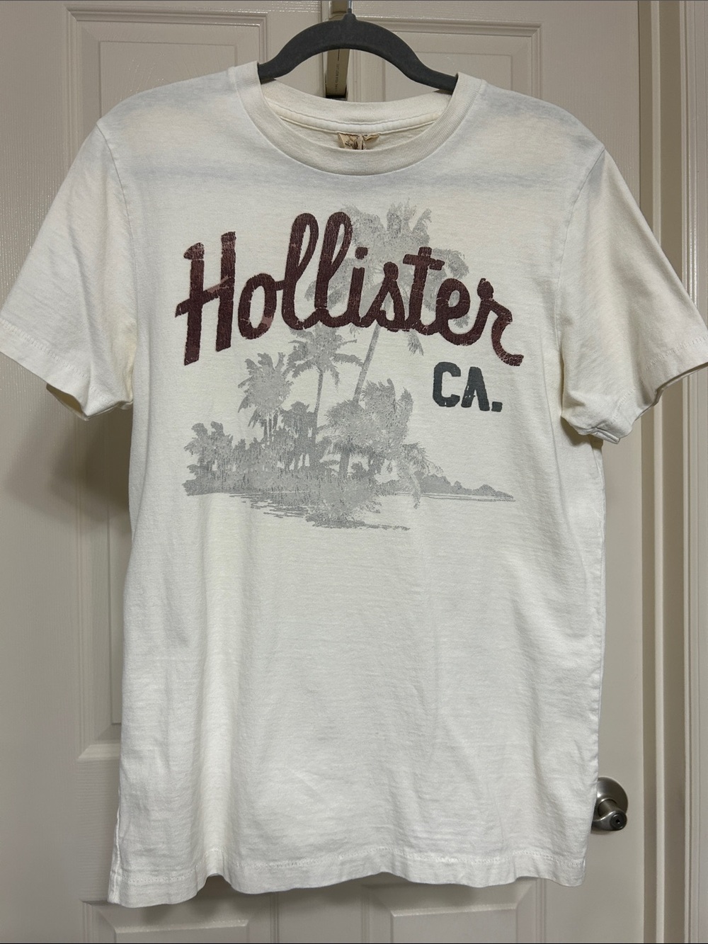 Hollister Vintage Ivory Tee with Maroon Script and Gray Palm Graphic ca. 1998